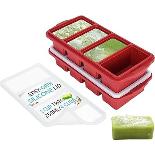 Silicone Freezer Tray With Lid - Soup Freezer Container molds - Large Ice Cube Tray- makes 8 perfect 1 cup portions cubes, 2-Pack Freezer Storage Food Soups & Meal Prep - Oven & Dishwasher -Safe