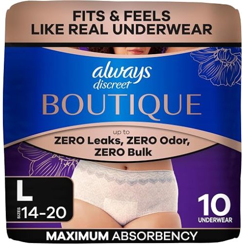 Always Discreet Boutique Incontinence and Postpartum Underwear for Women, Maximum Protection, Large, Rosy, 10 Count