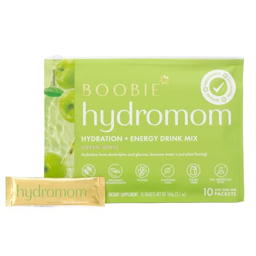Boobie Hydromom Superfood Electrolyte Drink Mix, Green Apple | Refreshing Energy & Hydration Boost for Mamas | On-The-Go & Travel Essentials for Pregnancy, Lactation, & Beyond, 10 Packets