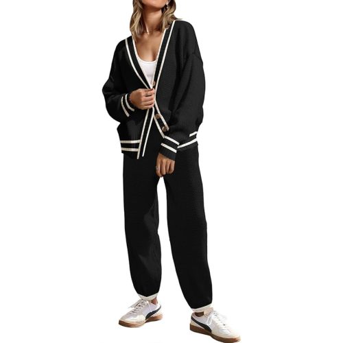 SAUKOLE Womens Two Piece Outfits Knit Sweater Sets Oversized Button Down Cardigan and Long Pants Matching Lounge Set