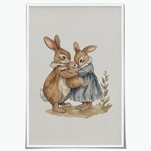 Rabbit Nursery Print Vintage Style Wall Art Mom Dad Baby Family Print Antique Nursery Decor Baby Room Art Aesthetic Poster for Office Bedroom Living Room Wall Decor Unframed16x24inch