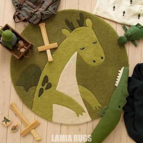 Moss Green Dragon Kids Rug | Hand Tufted Round Wool Rug | Cute Dinosaur Playroom Carpet | Nursery Decor | Eco-Friendly Children’s Rug