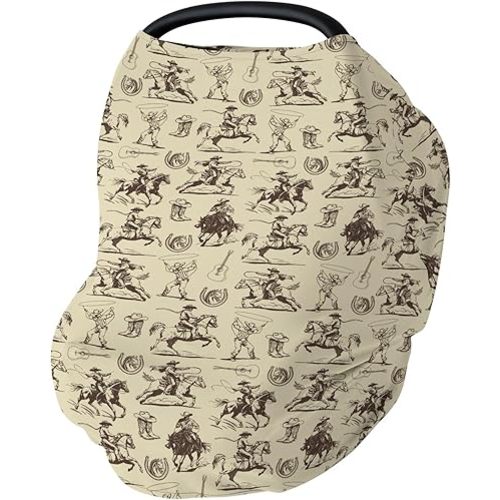 Vintage Cowboy Car Seat Cover for Baby Western Horses Boots Hats Guitar Stretchy 5-in-1 Covers Adjustable Car Canopy Breastfeeding Cover Country Western Breathable Nursing Cover-Up