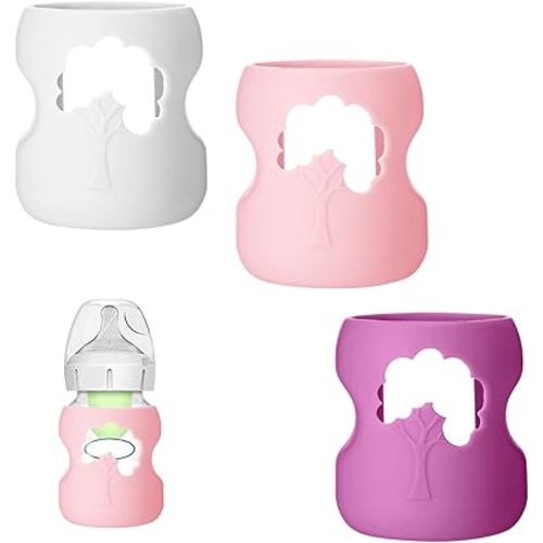 3 Pack Silicone Sleeve for Dr. Brown Wide-Neck Bottle 5 oz, Anti Breakage Bottle Holder for Baby with Tree-Shaped Cutout Design-BPA Free(White+Pink+Purple)
