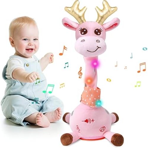 MIAODAM Dancing Talking Giraffe Stuffed Animal, Singing 10 Children's Song, Baby Toy Repeats What You Say, Colorful Glowing Giraffe PlushToys for Toddlers 1-3 Year Easter Day Gifts for Kids(Pink)