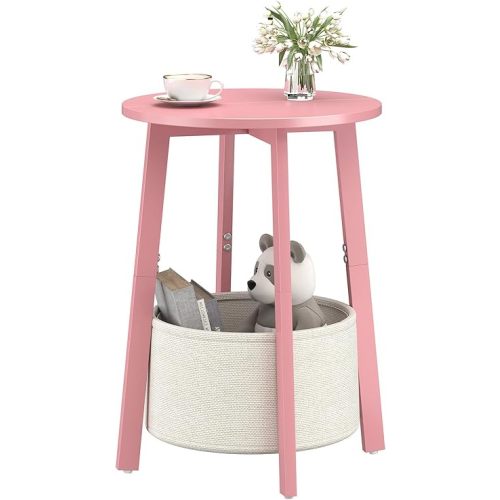 Small Round Side End Table with Cloth Storage Basket, Round Bedside Sofa Couch Coffee Tables for Small Places with Metal Frame, Modern Nighstands for Living Room Bedroom, Pink