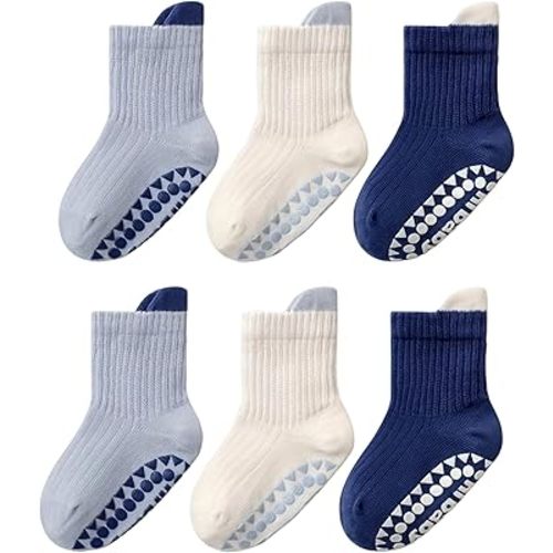 XuoAz 3 Pairs Toddler Boys Grips Socks Non Slip Kids Baby Girls Crew Cotton Socks with Grippers
