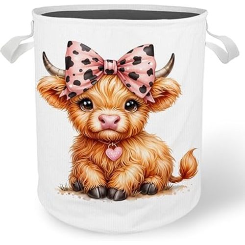 Pink Bow Highland Cow Laundry Basket Hamper, Toybox for Girls, Western Cow Waterproof Collapsible Storage Bin Organizer for Bedroom Bathroom Kids Girls Room Dorm Clothes Toys Books