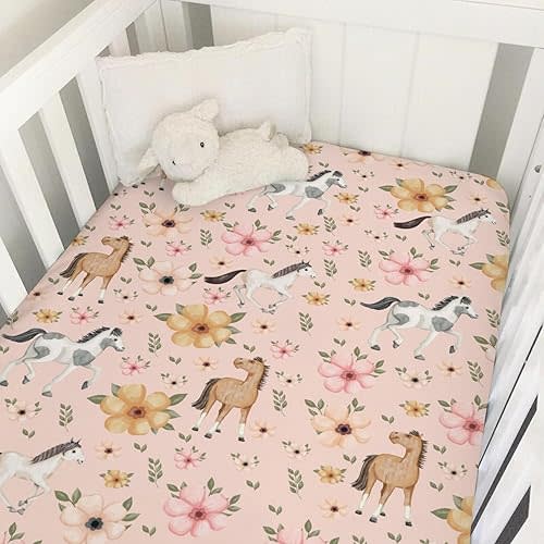 Watercolor Horse Floral Baby Crib Sheets 52''x28'' Cute Horses Boho Retro Flowers Pink Fitted Crib Mattress Cover for Boy Girl Soft Nursery Baby Bed Sheets for Standard Size Crib and Toddler Mattress