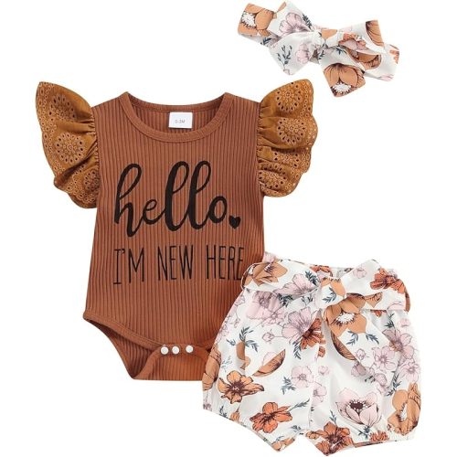 Hello World Newborn Outfit Baby Girl Going Home Outfit Ruffle Ribbed Romper Top Floral Pants Set Cute Summer Clothes