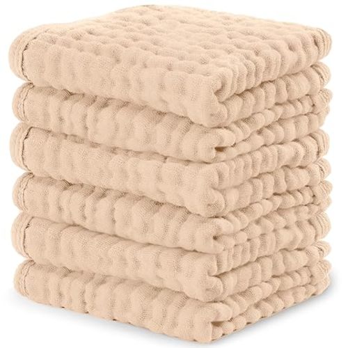 Comfy Cubs Muslin Baby Washcloths 6 Pack - Soft 6-Layer Cotton Wash Cloths for Sensitive Skin - 10"x10" Large, Gentle, Absorbent Infant Essentials for Newborn and Toddlers - Multicolor