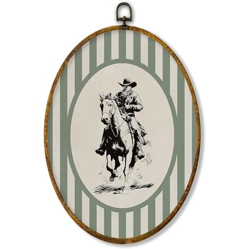 XPH Vintage Western Cowboy Oval Wall Art Framed, Western Oval Wall Decor Accents, Green Striped Cowboy Riding Horse Rodeo Hanging Canvas Prints for Home Bedroom Living Room Decoration, 8.6x11.4 Inch