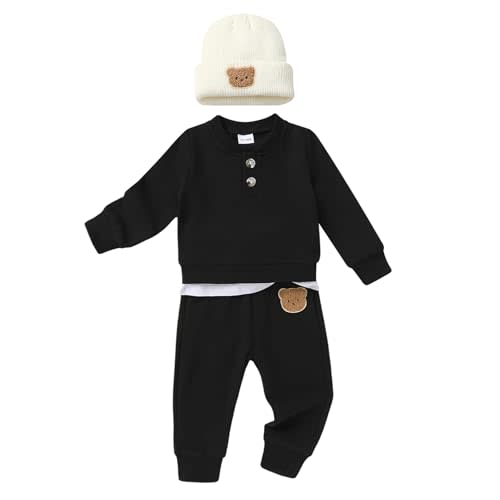 YOUNGER TREE Toddler Fall Outfits Baby Boy Sweatshirt Top Sweatpants Set | Baby Boy Sweatsuit Set,Long Sleeve,Winter Clothes with Hat,3 Piece Kids Clothing Set