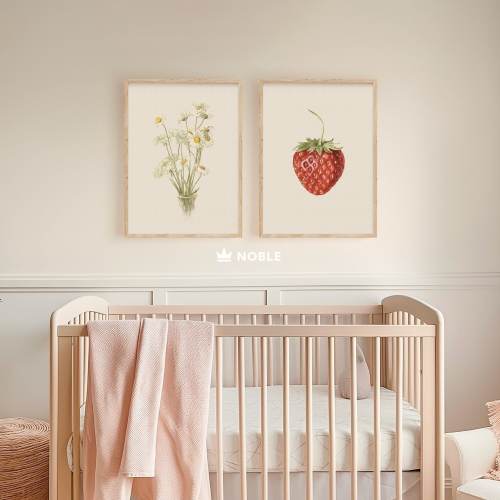 Vintage Nursery Set of 2 Prints, Strawberry Wall Art, Daisies Flower Wall Art, Cottage & Farmhouse Wall Art, Printable Wall, Nursery Decor