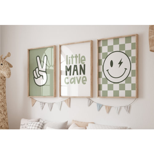Little man cave prints, boys wall art, Neutral Nursery, Checkered Smiley Poster, Baby Boys Kids Room Decor, Toddler Poster, sage green art