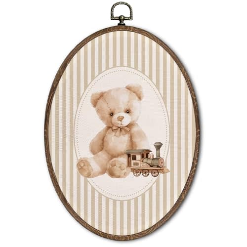 FLAWAFLOMA Vintage Bear Nursery Oval Wall Art Decor, Kids Room Canvas Wall Art Framed, Bear Train Hanging Decorations for Kids Toddler Boy Girl Nursery Room Bedroom Playroom Decor, 8.6x11.4 Inch