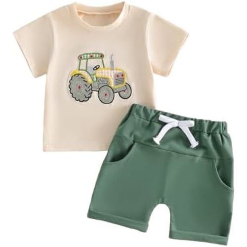 FOCUSNORM Toddler Baby Boy Summer Clothes Excavator Embroidery Short Sleeve T-Shirt Elastic Waist Shorts Set 2 Piece Outfit