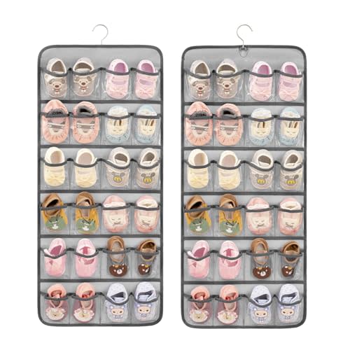 Dual-sided Baby Shoe Organizer Closet Hanging Toddler Shoes Storage for Kids Bow Socks Underwear Holder with 48 Clear Pockets (Grey)