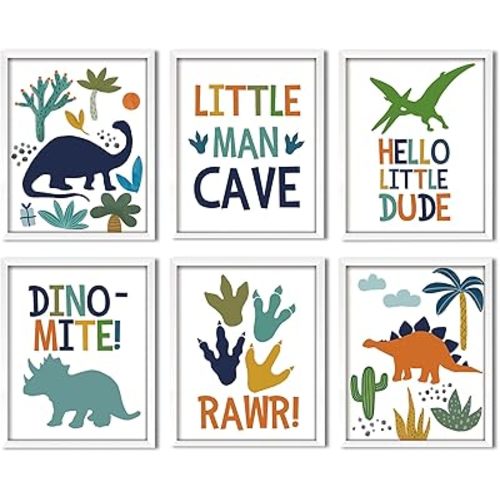 ArtbyHannah 6 Pack Dinosaur Nursery Decor,Framed Dinosaur Wall Art for Boys Room, Cute Baby Bedroom Wall Decoration, Kids Playroom Framed Pictures 8x10 Inch, Ready to Hang