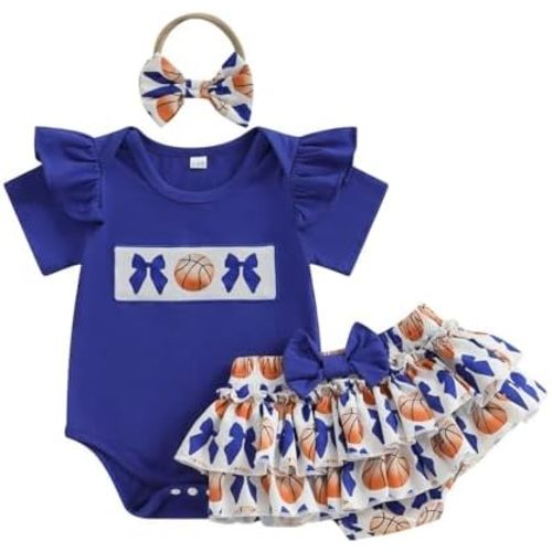 Baby Girl Basketball Outfits Short Sleeve Bow Basketball Print Romper Tutu Skirt Headband Newborn Summer Clothes