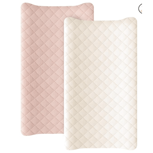Konssy Waterproof Muslin Changing Pad Cover 2 Pack, Quilted Cotton Fitted Diaper Chang Table Cover, Soft Changing Pad Sheets for Girls Boys (Pink, Cream)