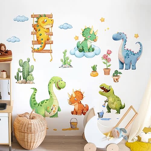 Watercolor Funny Dinosaur Wall Decals, Cartoon Cute Dino Playing Cacti Wall Stickers Vinyl Peel and Stick Wall Decal Self Adhesive Wall Art Sticker for Baby Nursery Kids Room Home Decor