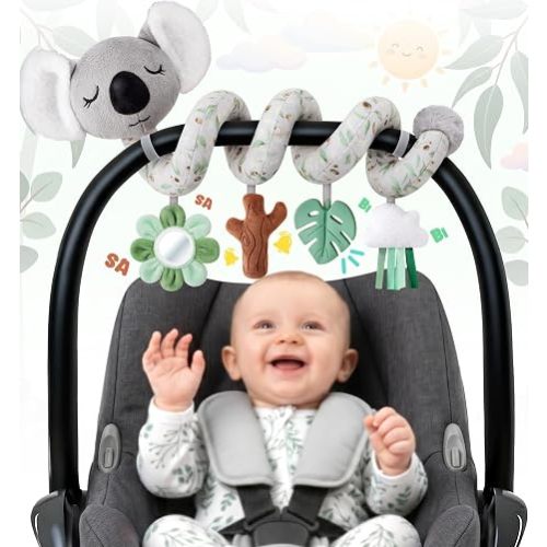 Stuffed Aesthetic Koala Spiral Car Seat Toys for Babies, Gender Neutral Infant Stroller Toy with Teether Hanging, Baby Registry Search Must Haves 0-6 Months