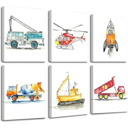 Frimeeme Framed Car Canvas Wall Art for Kids, Watercolor Vehicles Theme with Fire Truck, Helicopter, Rocket, Cement Mixer, Boat, Dump Truck, 8x10 Inches, Set of 6