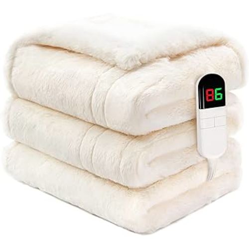 Heated Electric Blanket Twin 62"×84", Plush Fast Heating Faux Rabbit Fur Blanket with 8 Heating Levels Auto Shut Off, for Bed & Couch Super Cozy Fuzzy,Fluffy Winter Warming Beige