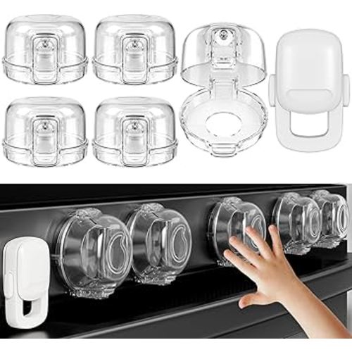Stove Knob Safety Covers for Child (5 + 1 Pack), Upgraded Universal Size Press Gas Stove Knob Covers with Adhesive, Heat-Resistant Childproof Oven Locks for Kids and Pets (Clear)