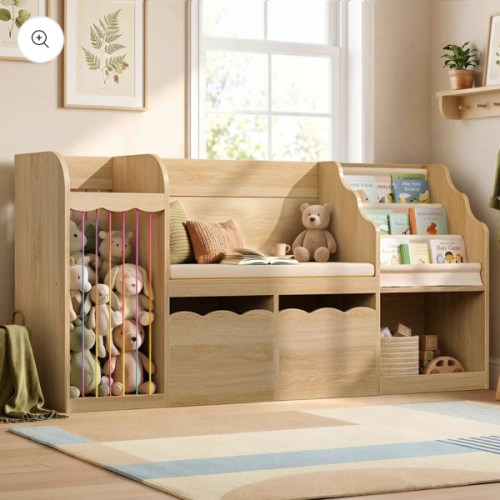 HAUOMS 63 Inch Bookshelf with Storage 5-in-1 Bookcase with Padded Bench and 2 Removable Bins Reading Nook Toy Storage Organizer Open Cubby for Living Room