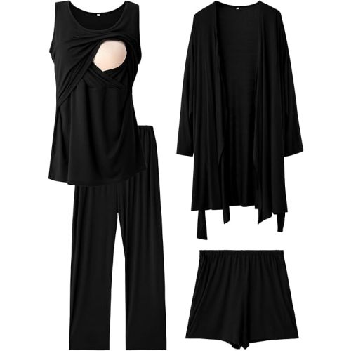 Rnxrbb 4PCS Year-Round Nursing Pajamas Robe Set Postpartum Breastfeeding Pj