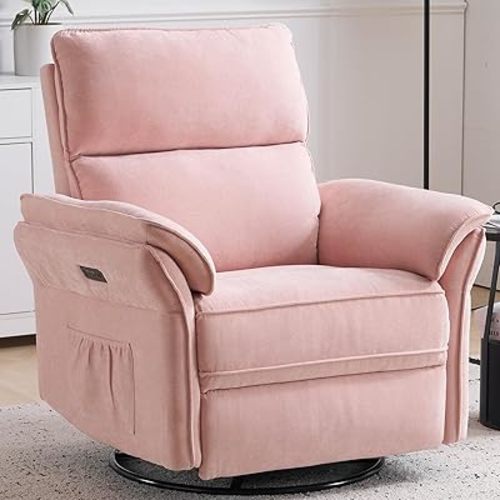 Oversized Rocking Chair Nursery with Massage and Heat, Glider Recliner Nursery Chair with Adjustable Headrest, Power Swivel Rocker Recliner Chair with USB Port, Pink
