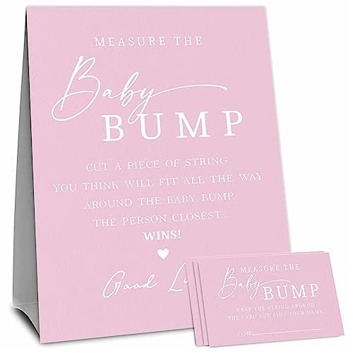 Pink Baby Shower Measure The Baby Bump, Measure Mommy's Belly Game Set - 1 Self-Standing Sign And 50 Tickets - Gender Reveal, Baby Shower, Baby Announcement Activity & Party Favor Supplies - A09