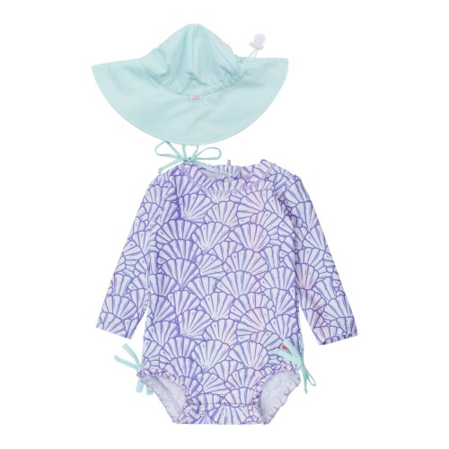 Magical Mermaid Long Sleeve One-Piece Rashguard Swimsuit & Hat Set, 0-3M