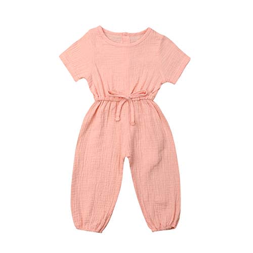 Mubineo Toddler Baby Girl Summer Fall Basic Plain Short Sleeve Cotton Linen Drawstring Romper Jumpsuit
