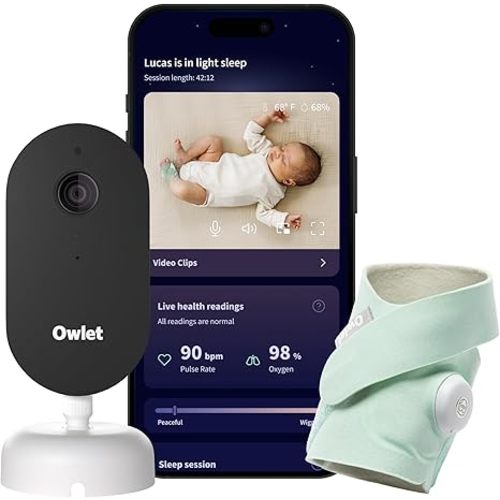Owlet Dream Duo – FDA-Cleared Smart Baby Monitor with Sock & HD Video Cam 2K HD Video, Cry & Motion Alerts, Temp Monitoring