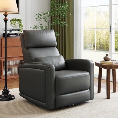 Adult Manual Recliner Chair, 360° Swivel Sofa Rocker, Faux Leather Single Sofa with Adjustable Backrest and Footstool, Modern Wingback Recliner with Hidden Pull Tabs, Living Room Armchair, Gray