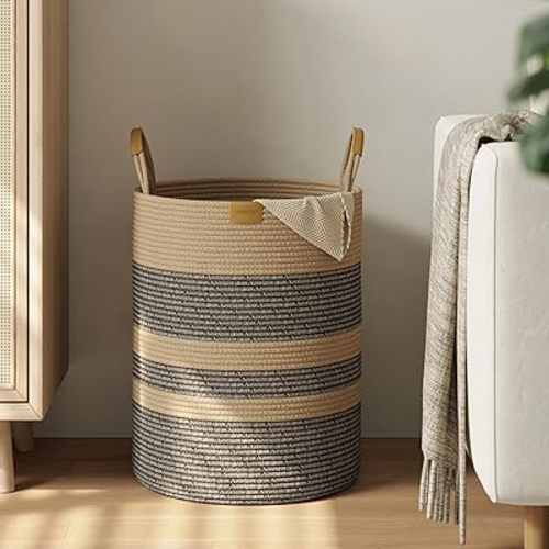 62L Striped Laundry Hamper with Leather Handles,Large Foldable Laundry Basket for Clothes,Cotton Rope Storage Bin for Blankets,Woven Clothes Basket for Bedroom,Dark Brown Stripes