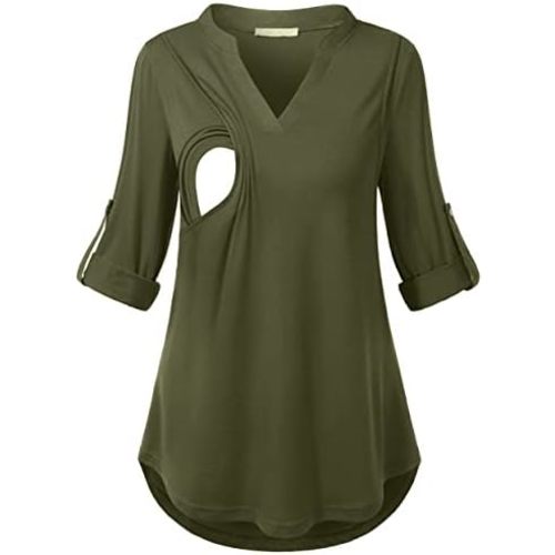 Joymom Maternity Rolled Long Sleeve Nursing Tops Tunic Blouses Breastfeeding