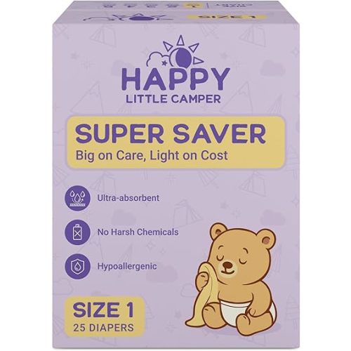 Happy Little Camper Super Saver Diapers, Size 1, 25 Count | Budget-Friendly Disposable Baby Diapers for Sensitive Skin | Hypoallergenic, Fragrance-Free, Ultra Absorbent