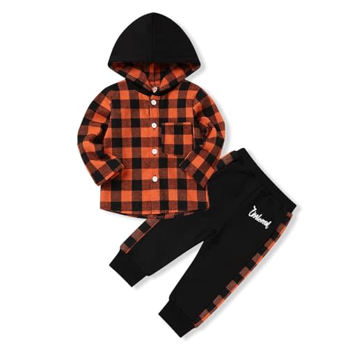 Fuermos Toddler Baby Boys Clothes Flannel Lattice Button Down Hooded Tops +Pants Boys Fall Winter Outfits