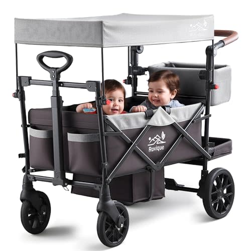 Wagon Stroller for 2 Kids, Premium Stroller Wagon for Kids with Removable Canopy, Safety Harness, Adjustable Handlebar & Storage Organizer, All-Terrain Foldable Baby Wagon for Outdoors