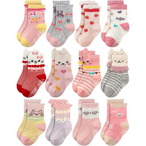 RATIVE Non Skid Anti Slip Cotton Dress Crew Socks With Grips For Baby Infant Toddler Kids Girls