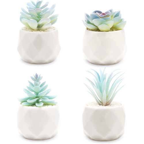 VIVERIE Mini Blue Artificial Succulent in Pots (White Ceramic, 4 Pot Set) Fake Plants for Indoors, Office Decor Blue Christmas for Women, Office Home Decor Gifts-Faux Plant
