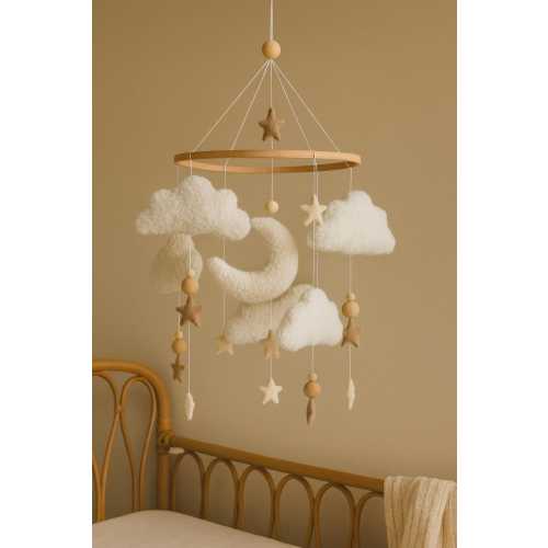 Boucle clouds and moon baby nursery mobile, Neutral baby mobile, Neutral nursery mobile, Clouds mobile, Felted stars mobile