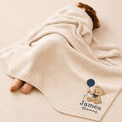 Personalized Embroidered Baby Blanket Custom Name Soft Knit Nursery Throw with Daisy Floral Bunny Design, Newborn Keepsake Present for Infant Boy Gift 1