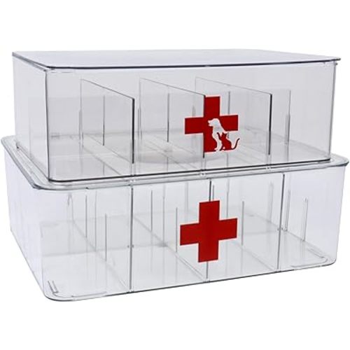 First Aid Box and Pet Frist Aid Storage Bin, Acrylic Medicine Kit Case Organizer Empty, Divided First Aid Storage Box Kit with Hinge Lid, Emergency Kit Storage Box for Family and Pet (Clear)