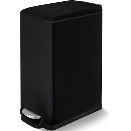 Arlopu 13.2 Gal Slim Kitchen Trash Can with Lid, 50L Stainless Steel Garbage Can, Large Kitchen Rubbish Can, Step Trash Bin w/Foot Pedal and Inner Bucket, Bathroom Trash Can Airtight (Black)