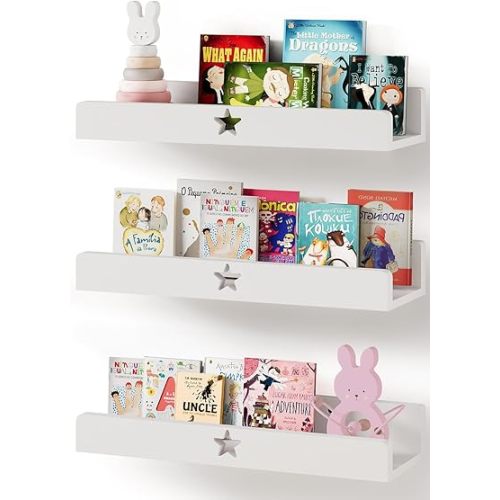 Nursery Book Shelves Set of 3,White Wall Floating Shelves for Kids Room,16 Inch Natural Wood Book Shelf,Home Decor Display Shelving,Storage Shelves for Living Room Toddler Baby Room Bedroom